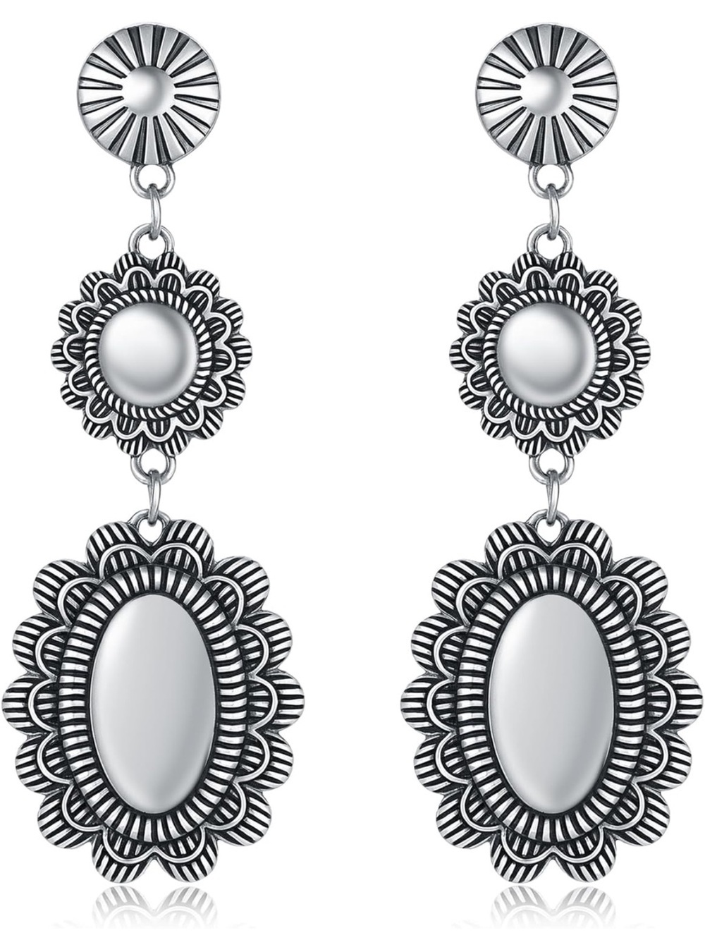 Anthropologie Silver Tiered Floral Medallion Drop Earrings